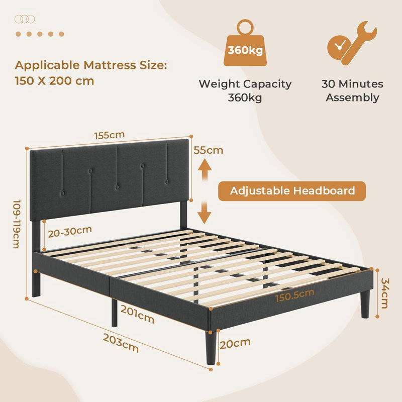 Upholstered Bed, Kingsize (5'), Dark Grey