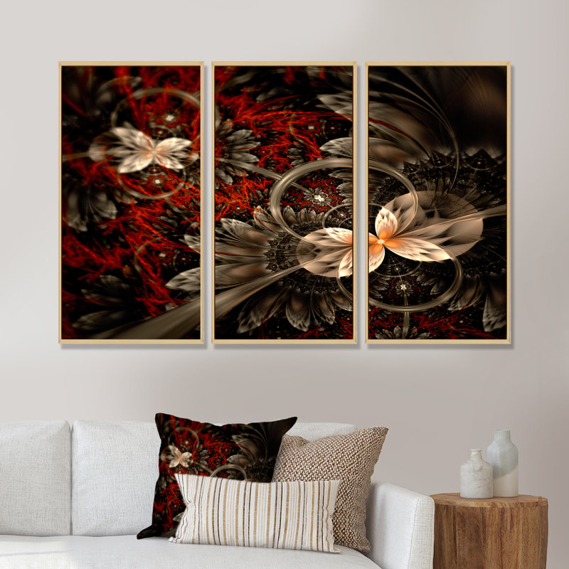 Ensemble de 3 reproductions d'art sur toile encadrées florales rouges et oranges, H 20 po x l 36 po x P 1 po
