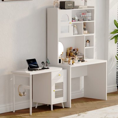 Bureau d'ordinateur avec bureau rotatif à 90 degrés, bureau de 43 po x 70 po avec tiroir de rangement et armoires, bureau de jeu avec tablettes, bureau d'étude, bureau de travail pour le bureau à domicile, salon, chambre à coucher