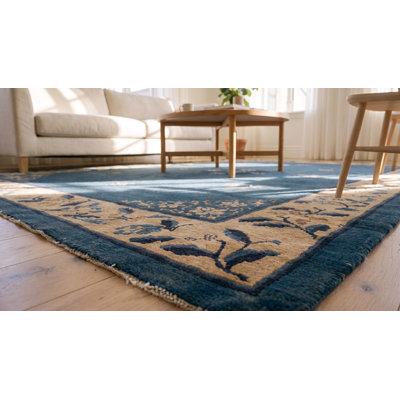 Tapis en laine noué à la main rectangulaire bleu antique ivoire beige crème blanc des années 1920
