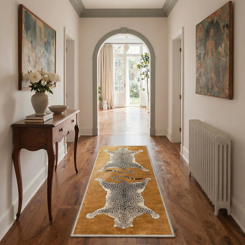 Alinda Talon Animal Print Brown / Beige / Black Machine Washable Area Rug, Runner 2'6" x 8', Brown / Beige / Black
