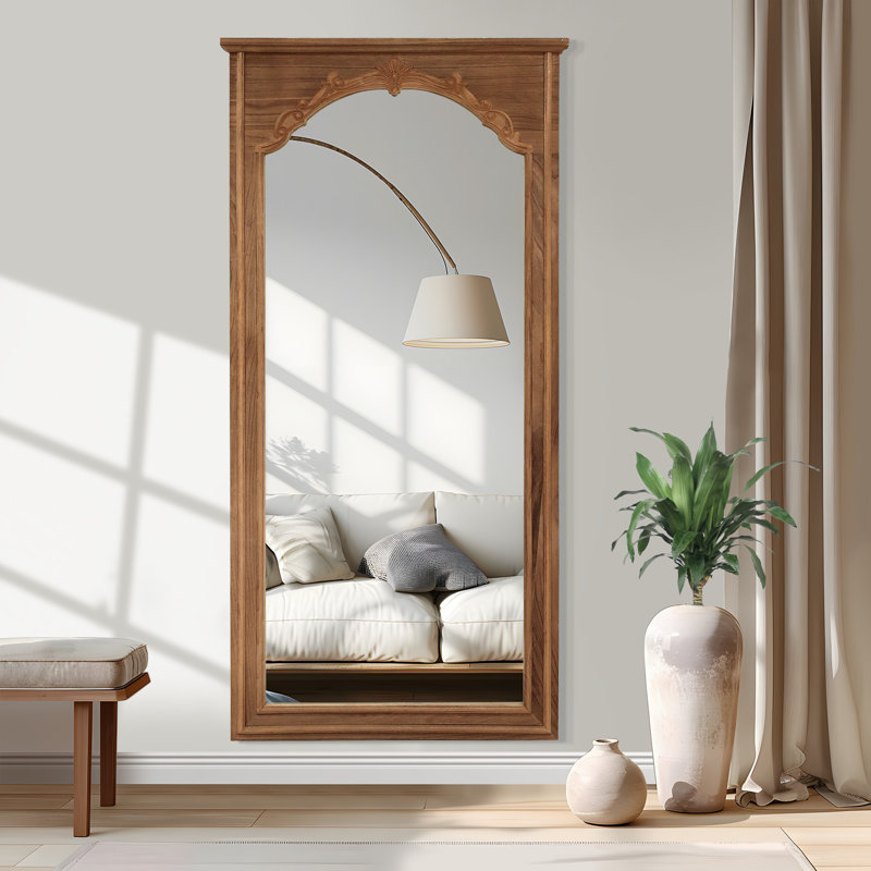 Rectangle Wood Full Length Mirror Wall Mirror with Inner Arch Carved Frame, Brown