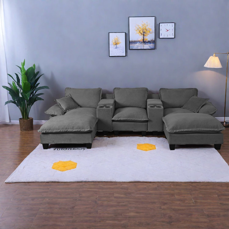 Canapés modulaires en chenille gris, en forme de U moderne avec rangement, USB et coussins