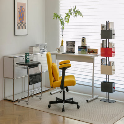Chaise de bureau jaune avec accoudoirs croisés en lin jaune avec roulettes - ergonomique pour le bureau personnel, le travail et les études