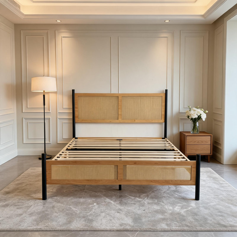 Structure de lit double 76 po x P 54,7 po x H 43,3 po avec tête de lit en rotin tissé, structure en bois d'ingénierie et pied de lit en métal, style bohème pour chambre à coucher, couleur bois