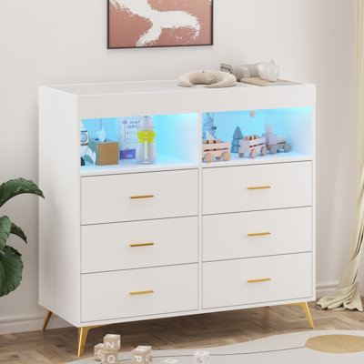 Dresser for Bedroom with LED Lights and Power Outlet, Baby Changing Table Dresser with 6 Drawers, 2 Open Storage Shelves, Baby Diaper Changing Station Dresser with Changing Table Top