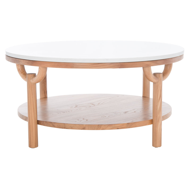 35" Elm Wood & White Marble Round Coffee Table with Storage