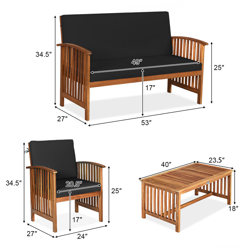 Ensemble de meubles de patio en bois massif 4 pièces Jonanthan avec table basse et coussin, Noir