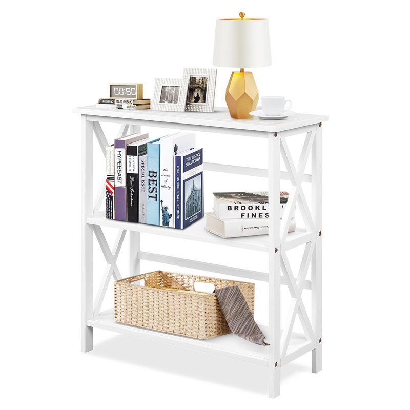 Bibliothèque à 3 niveaux H 34 po x l 31 po, étagère de rangement ouverte stable avec cadres en bois massif, Blanc