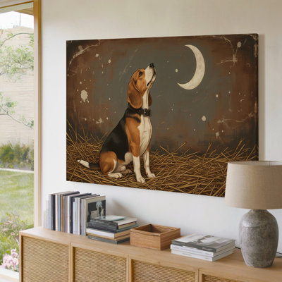 Beagle Dog Rustic Night Scene With Moon Rustic Animal Decor Canvas Wall Art Print For Living Room, Bedroom, Office, Hallway, Entryway, Gallery Wall And Modern Home Decor