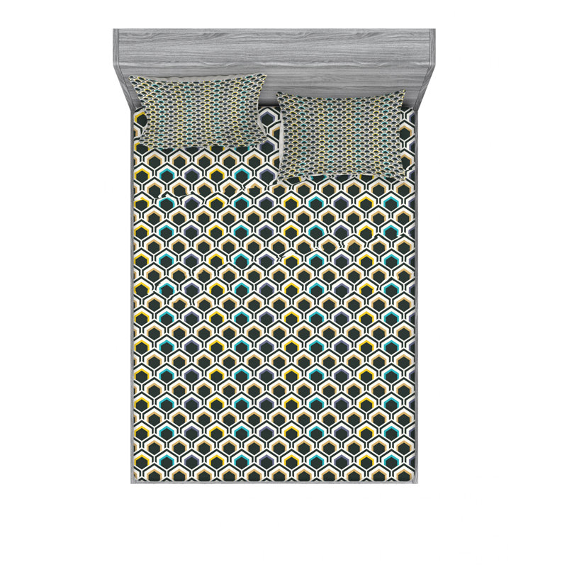 Microfiber Sheet Set, Queen Sheet Set with Fitted Sheet, Geometric, Blue/Orange/Black