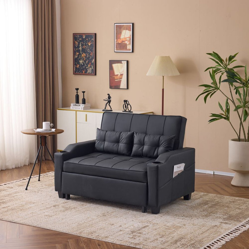 Tufted Upholstered Cat's Claw Leather Loveseat Recliner Sleeper Couch Pull Out Sofa Sofa Bed, Black
