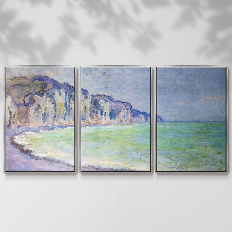 Cliff at Pourville 2, 1896 - Toile encadrée multi-pièces, H 40 po x l 78 po, Encadrement argenté