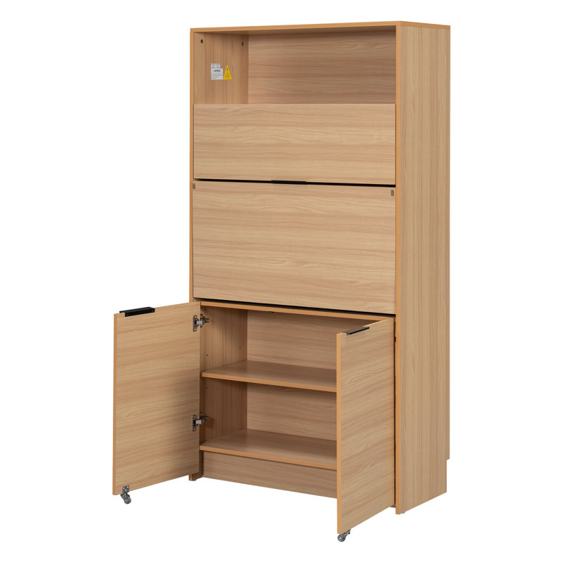 Garde-manger compact, buffet de 69 po de hauteur avec rehausse et poste de travail pliable,, Naturel