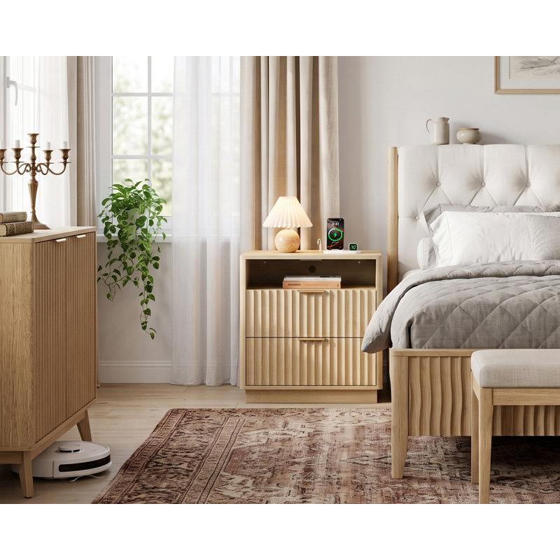 Seyla 23''W Nightstand Set of 2 with 2-Drawer Open Cubby, Built-In Charge Outlets, Oak Wood Grain/Oak Textured, Set of 2