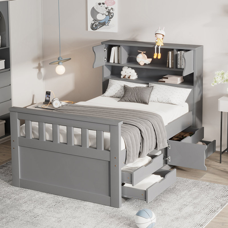 Structure de lit plateforme simple avec bibliothèques et tablettes de rangement, quatre tiroirs, gris
