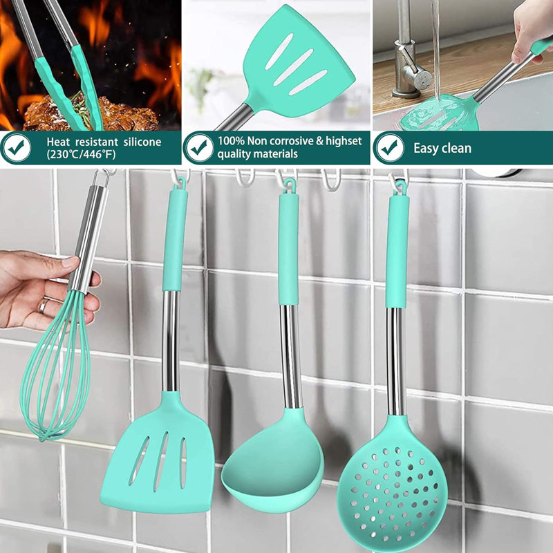 Ensemble de 15 ustensiles de cuisine en silicone et en acier inoxydable, antiadhésifs et résistants à la chaleur, verts.