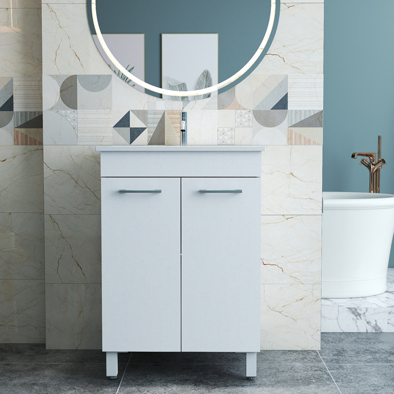 Meuble-lavabo de 24 po avec lavabo, portes doubles avec charnières à fermeture en douceur, armoire de salle de bain avec tablette ajustable, poignée en métal, lavabo en céramique, pieds argent réglables