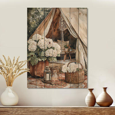 Boho Hydrangeas By The Boho Tent III - Hydrangea Wood Wall Art - On Natural Pine Wood