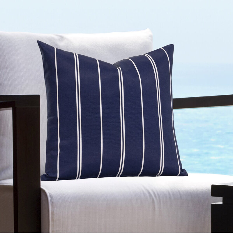 Beach Stripe Striped Outdoor Throw Pillow, 22" x 22", Blue Ocean