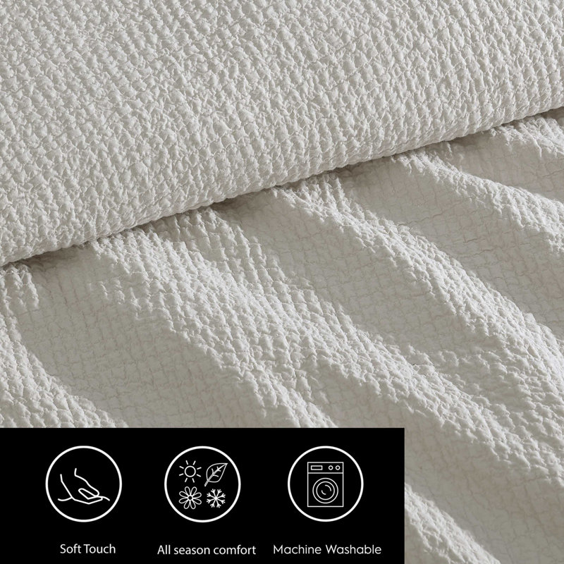 Vera Wang Puckered Texture Cotton Gray Duvet Cover Set, King Duvet Cover+ 2 King Pillow Shams