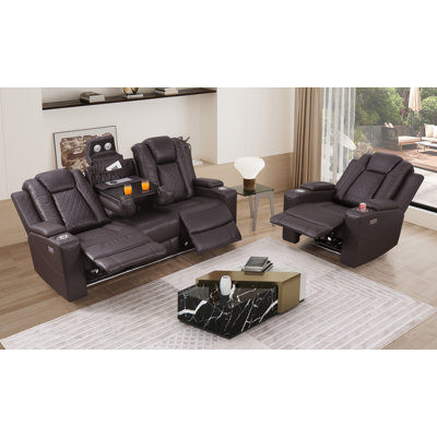 Faux Breathable Leather Power Recliner Chair + 3 Seater Reclining Sofa With Drop-down Table, 2-piece Set