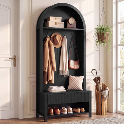 Arched Hall Tree with Bench and Shoe Storage, 5-in-1 Entryway Coat Rack with 4 Hooks, Top Shelf, Storage Drawer, Open Shoe Storage, Entryway Furniture, Black