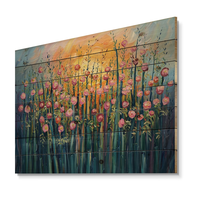 Coucher de soleil fleurs sauvages dans la nature IV - Décoration murale en bois de bambou - sur bois de pin naturel