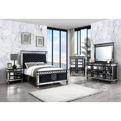 Table de chevet de chambre à coucher avec style, 2 tiroirs, finition miroir noire et argentée, matériau principal en bois, plateau, motifs géométriques, motifs, pieds fuselés, cristal, glissière en métal, l 32 po x P 19 po x H 31 po