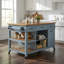 Îlot de cuisine mobile moderne avec plateau en bois d'hévéa, tiroirs de rangement, tablettes ouvertes et barre à serviettes, roulettes pour la cuisine et la salle à manger