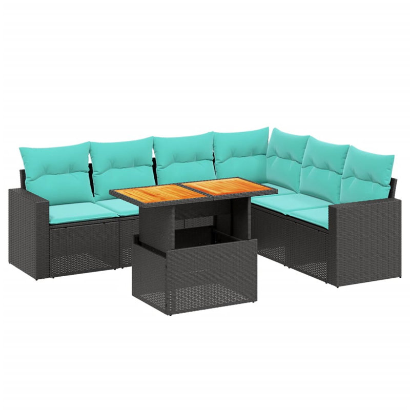 Ensemble de canapé de patio 7 pièces avec coussins en rotin de polyester, Bleu clair, Noir