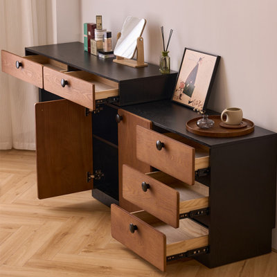 Coiffeuse extensible marron de style milieu du siècle avec meuble de rangement intégré
