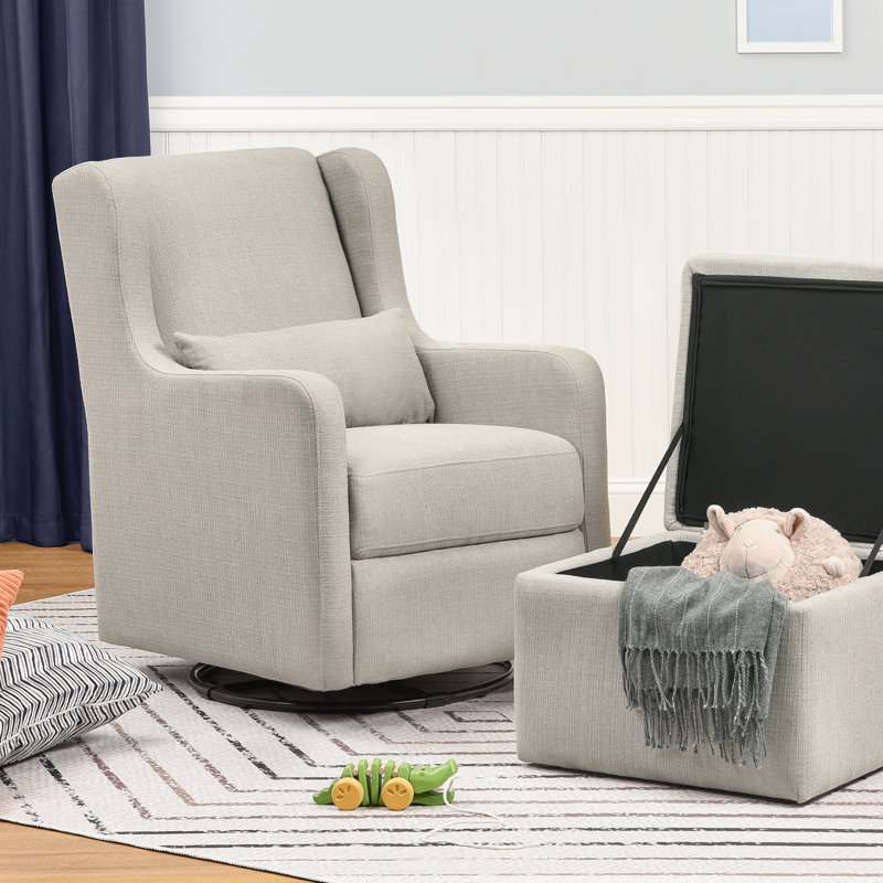 Gray Linen Swivel Glider with Storage Ottoman