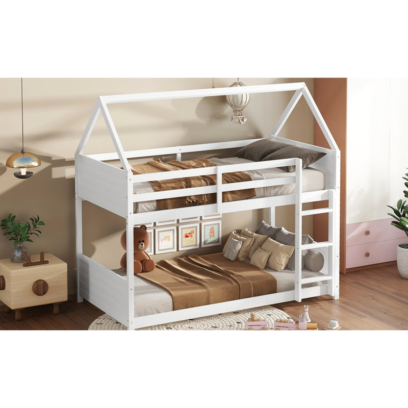 Lit simple superposé au-dessus du plancher, bois d'hévéa blanc avec garde-corps et têtes de lit, Blanc