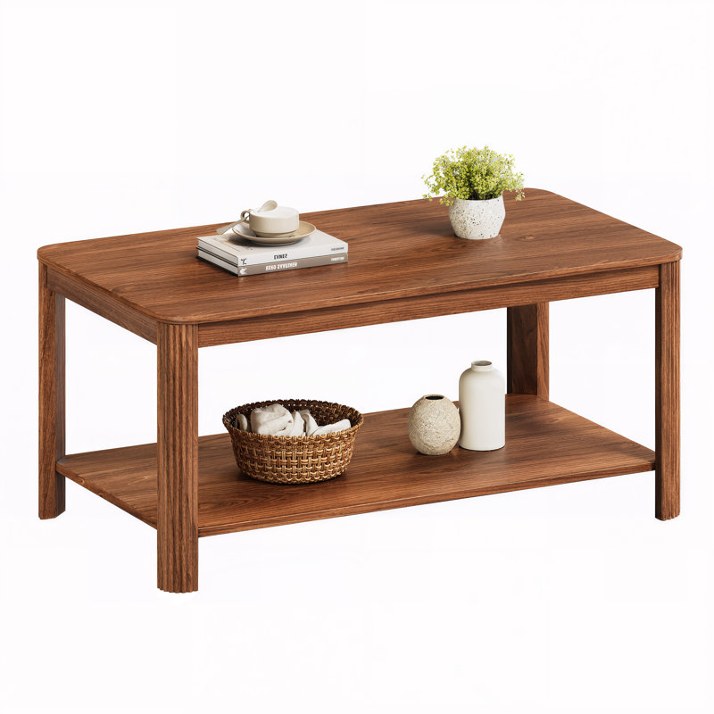 Rectangular Coffee Table With Storage Shelf & Wave Grain Legs, Walnut