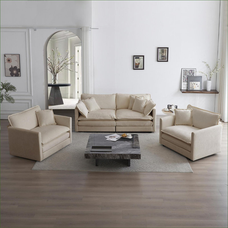 3 pièces avec coussins. Tissu blanc chenille. Structure en bois massif. Éponge. Matériau respirant. Gain de place pour l'espace de vie. Confortable et élégant. Facile à assembler 2 chaises 2