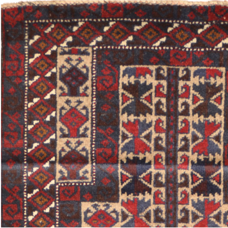 Tapis de zone en laine rouge/beige 2 pi 8 po x 4 pi 7 po one-of-kind à la main noué la balouchi Baurzhan