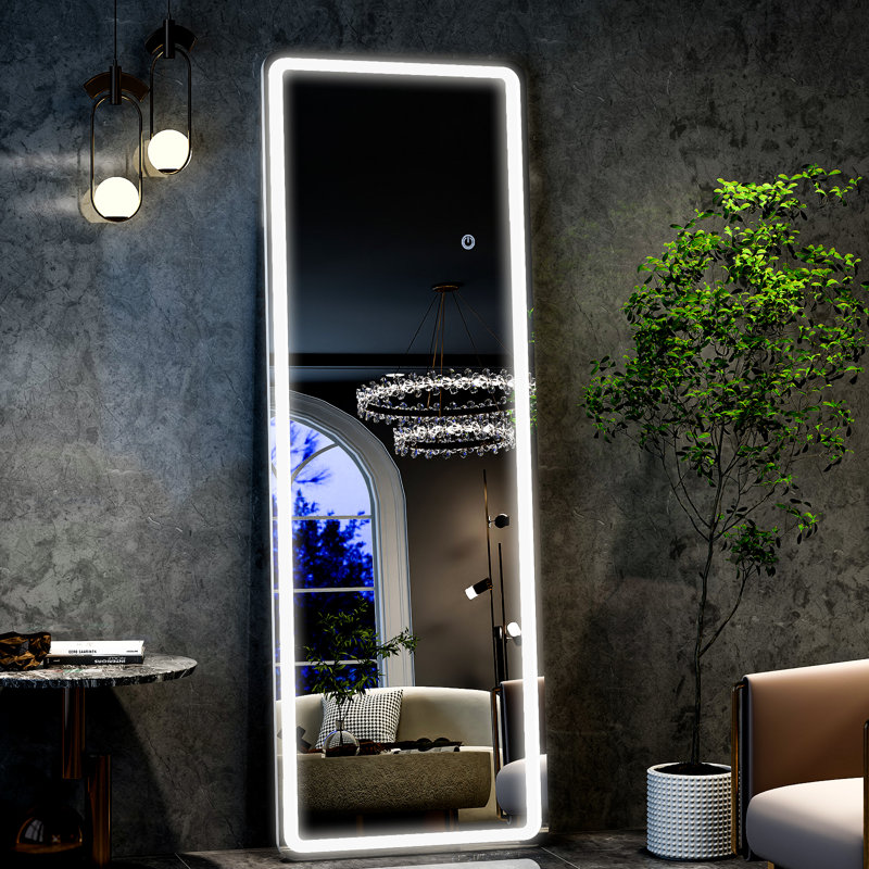 Holroyd Lighted Full Length Mirror with Stand Rectangle LED Wall Mirror, 16" x 60" W x 0.5'' D, White
