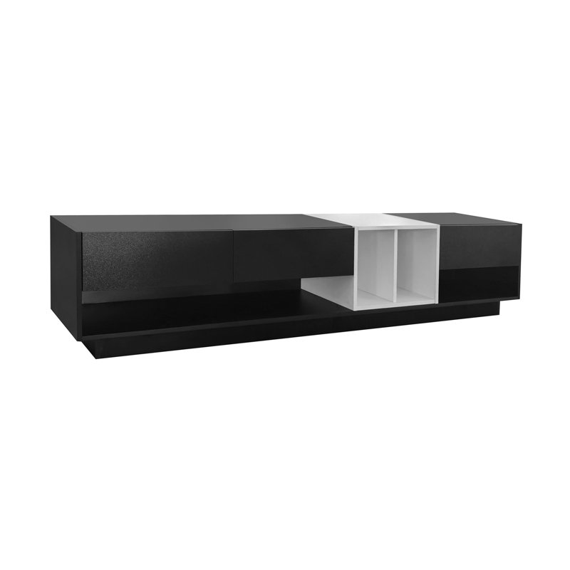 Meuble télé élégant et élégant avec solution de rangement parfaite, console multimédia à deux tons pour téléviseur de 80 po ou moins, meuble télé fonctionnel avec compartiment polyvalent pour le salon, noir