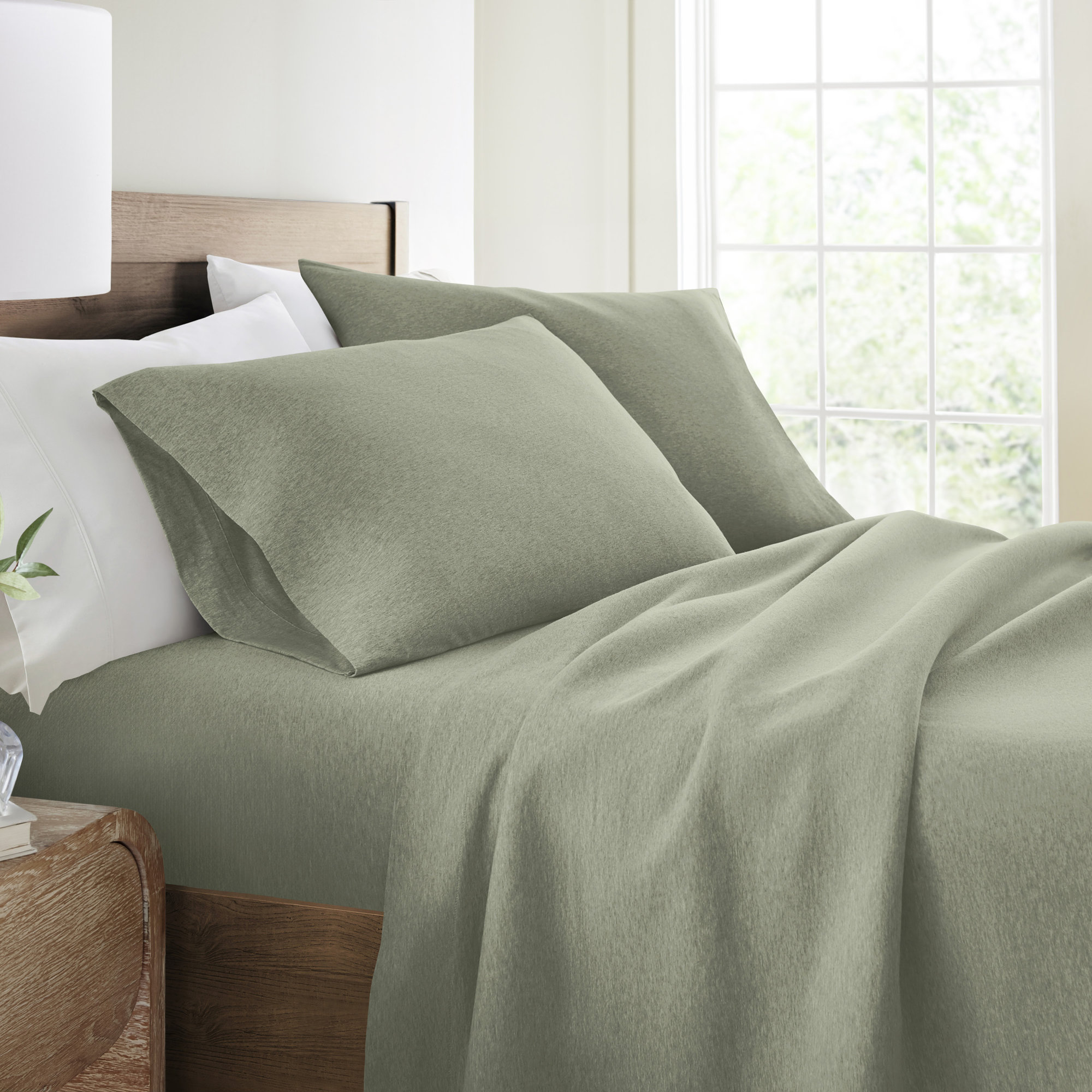 4 Piece 100% Cotton Jersey Knit Sheet Sets, Sage, Twin Sheet Set + 1 Fitted Sheet + 1 Pillowcase