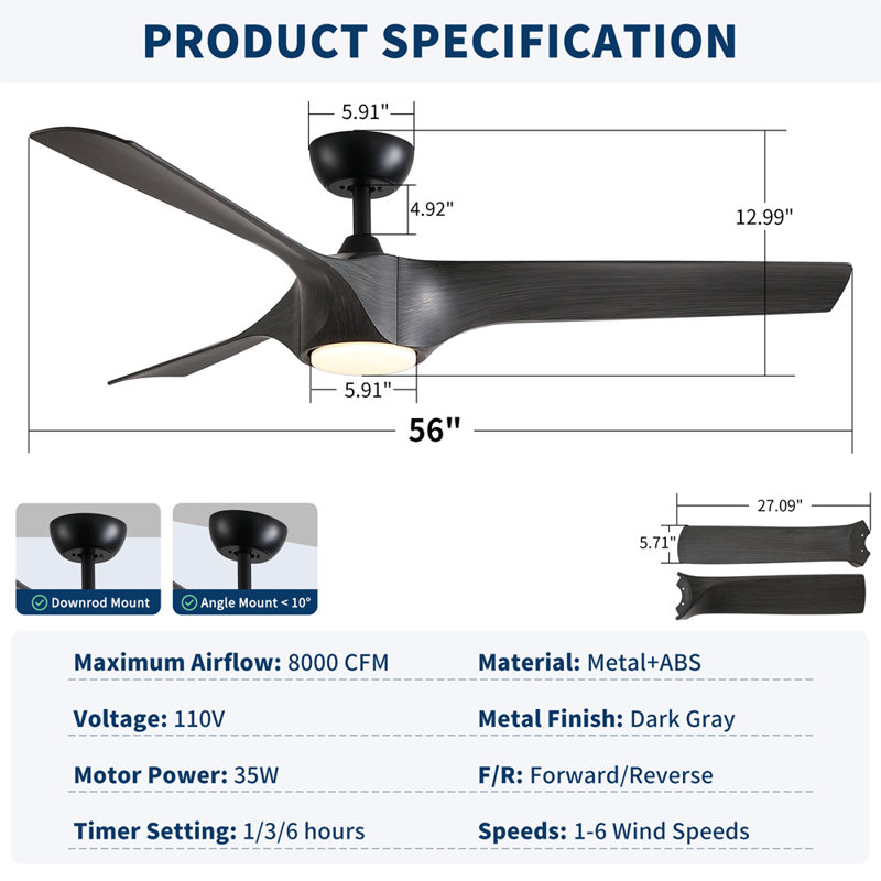 Ventilateur de plafond réversible 56 po avec pales en ABS gris foncé Modern Farmhouse