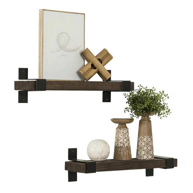 Abasi 2 Piece Pine Solid Wood Bracket Wall Shelf, Dark Walnut, 5.63" H x 20" W x 6" D, Black