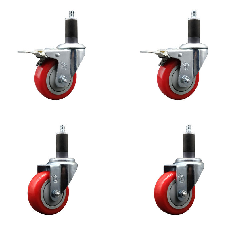 3.5 Inch SS Poly Swivel 1-1/4 Inch Expanding Stem Caster Set 2 Total Lock Brakes, Red