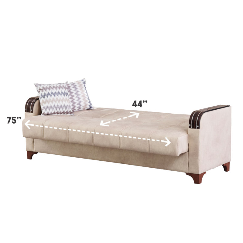 Twin 85'' Upholstered Convertible Sofa, Brown, Cream Microfiber/Microsuede