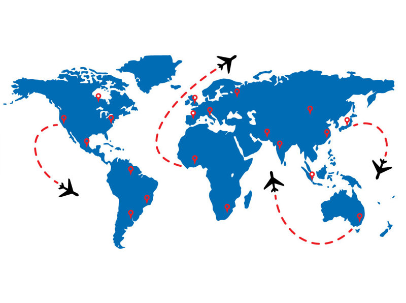 Décalcomanie murale carte de vol de monde de voyage, H 21 po x l 42 po x P 0,01 po, Bleu azur