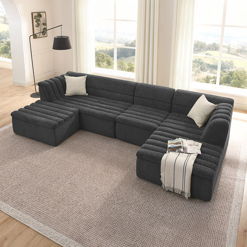 Canapé modulaire en forme de U de 135 po avec méridienne et repose-pieds mobile modulaire en forme de U pour le salon, canapé en osier revêtu de chenille avec accoudoirs ondulés, sans oreillers inclus