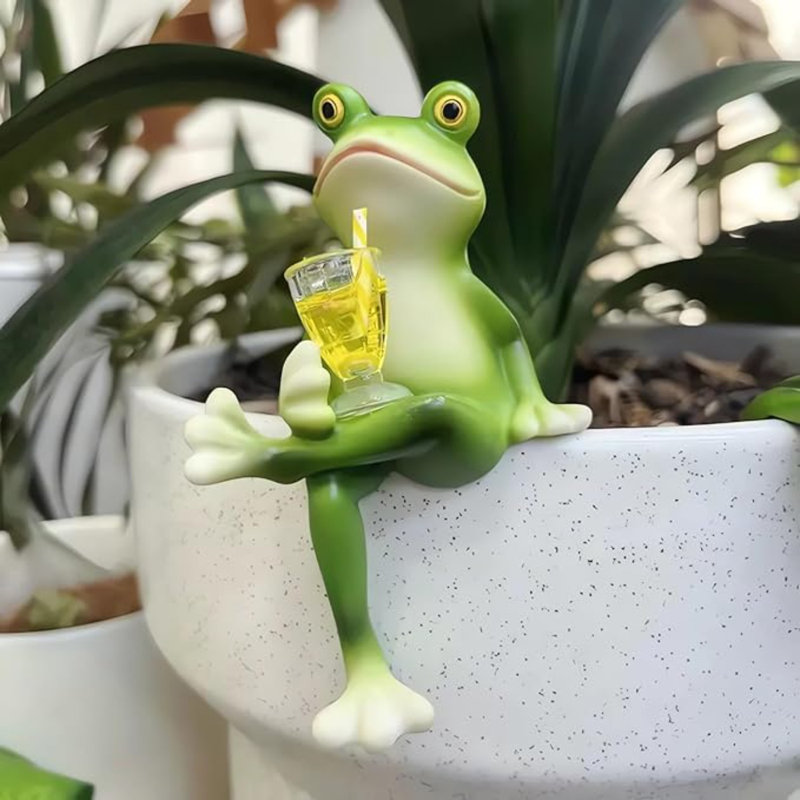 Statue de grenouille pour le jardin, figurine de grenouille verte pour la cour de décoration extérieure et sculpture de jardin en résine - Boire du vin rouge