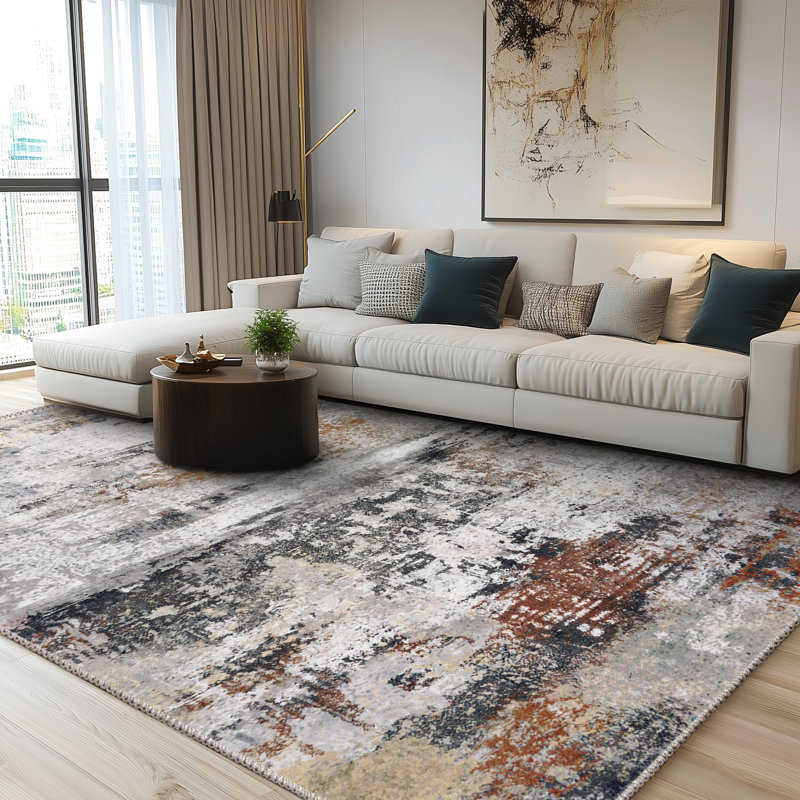 8x10ft Machine-washable Carpet, Cashmere-Look Rug with Non-Slip Backing and Durable Edging, Modern Oil Painting Style Rug Suitable for Living Room, Bedroom, Dining Room