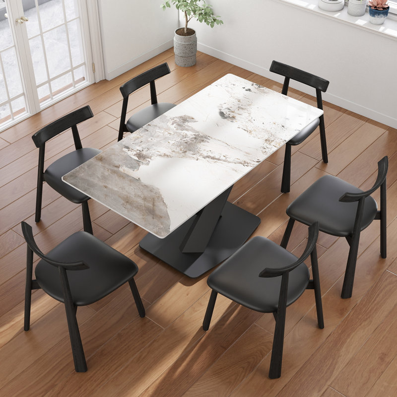 Ensemble de table de salle à manger 7 pièces 7 pièces avec 6 chaises en similicuir, Noir, Pandora