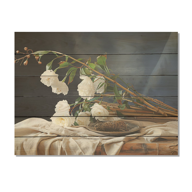 Bouquet blanc nature morte - autres plantes et fleurs, art mural sur bois de pin naturel, H 10 po x l 20 po